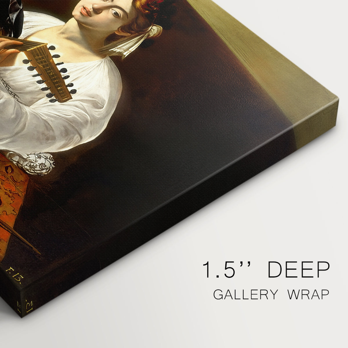 Canvas art print of a young man playing lute surrounded by sheet music and still life objects, highlighting texture and gallery-wrapped edges
