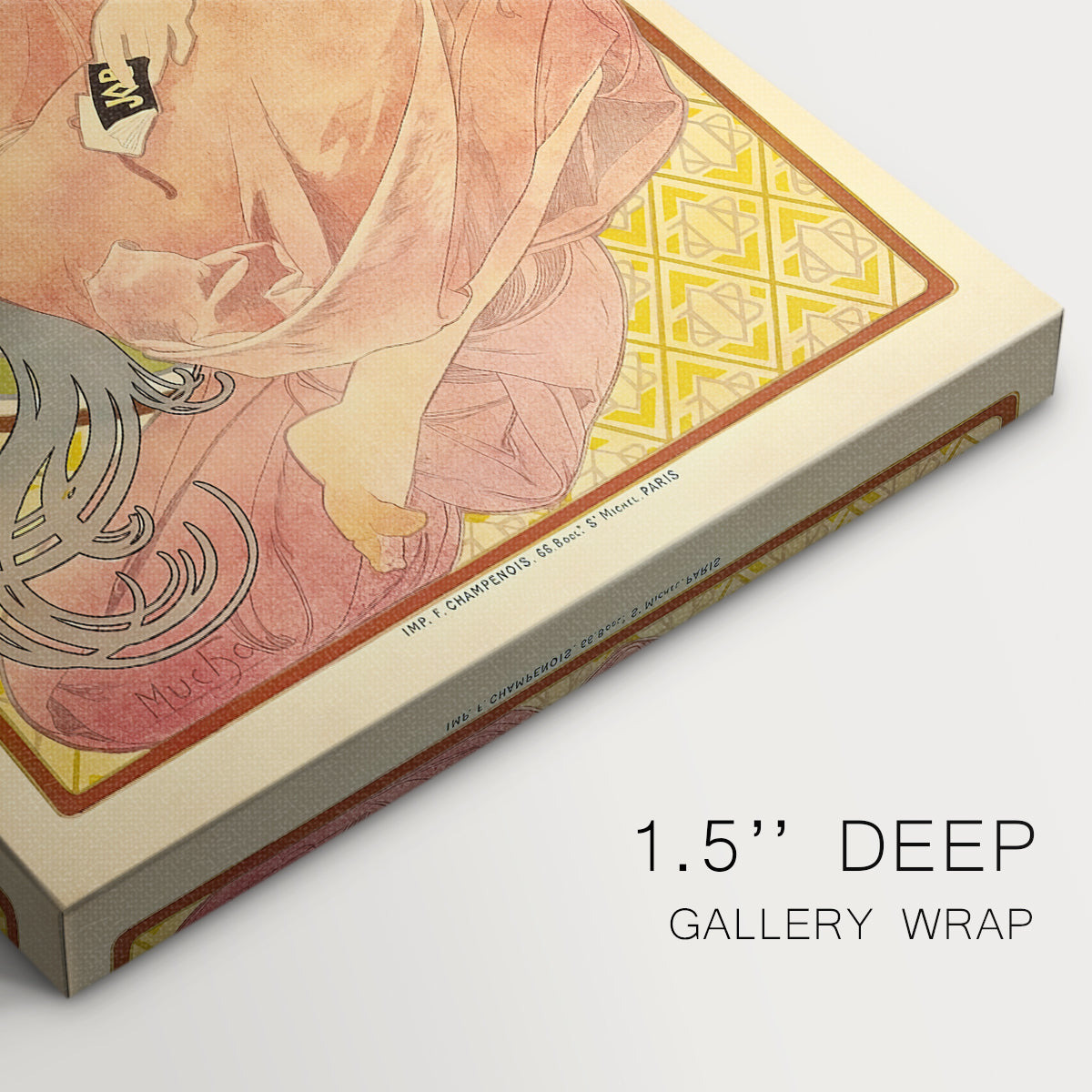 Close-up of a gallery-wrapped canvas corner showing a classic print combining portrait and product branding, highlighting texture and print detail.