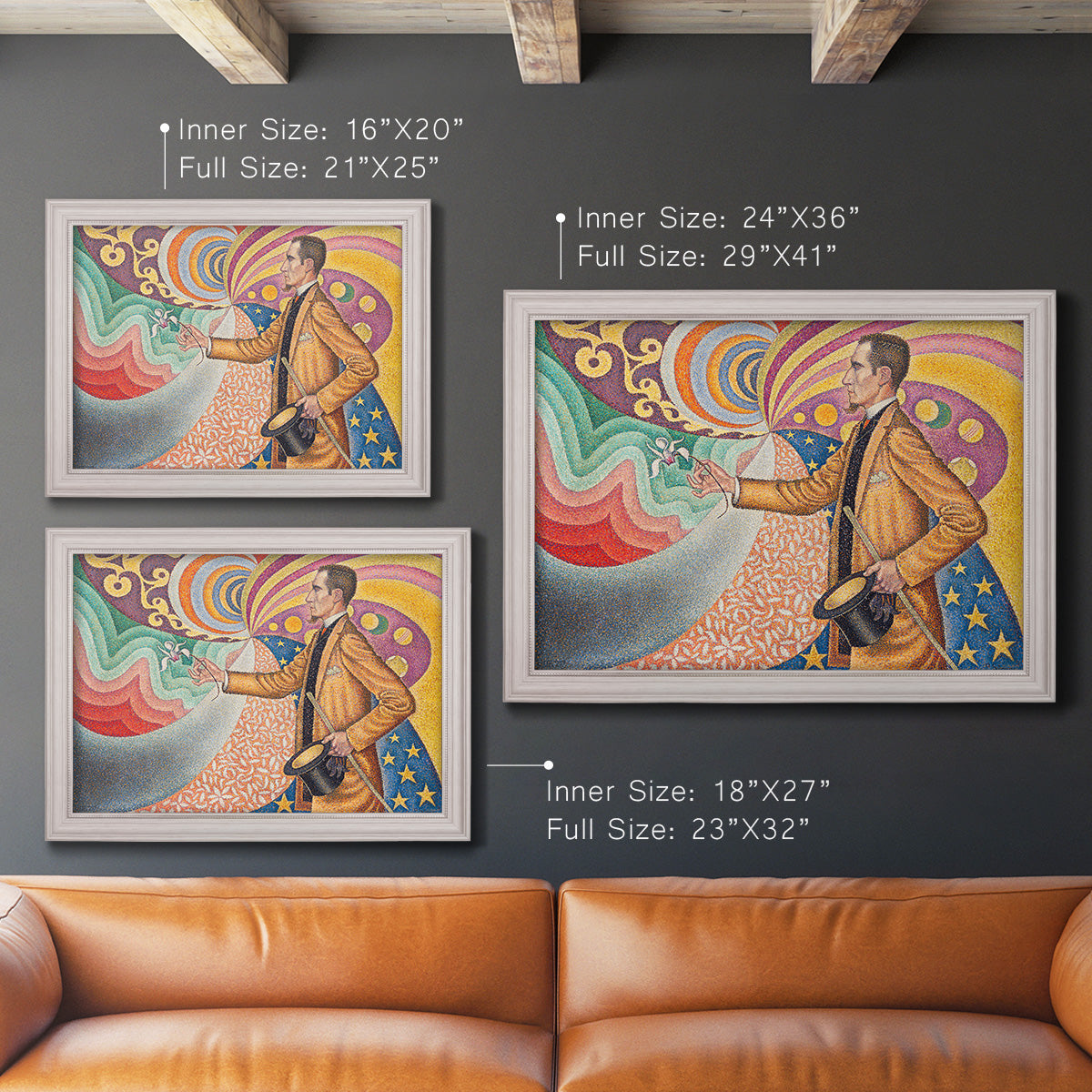 Neo-impressionist abstract portrait by Paul Signac in an ornate weathered white frame shown in multiple size options.