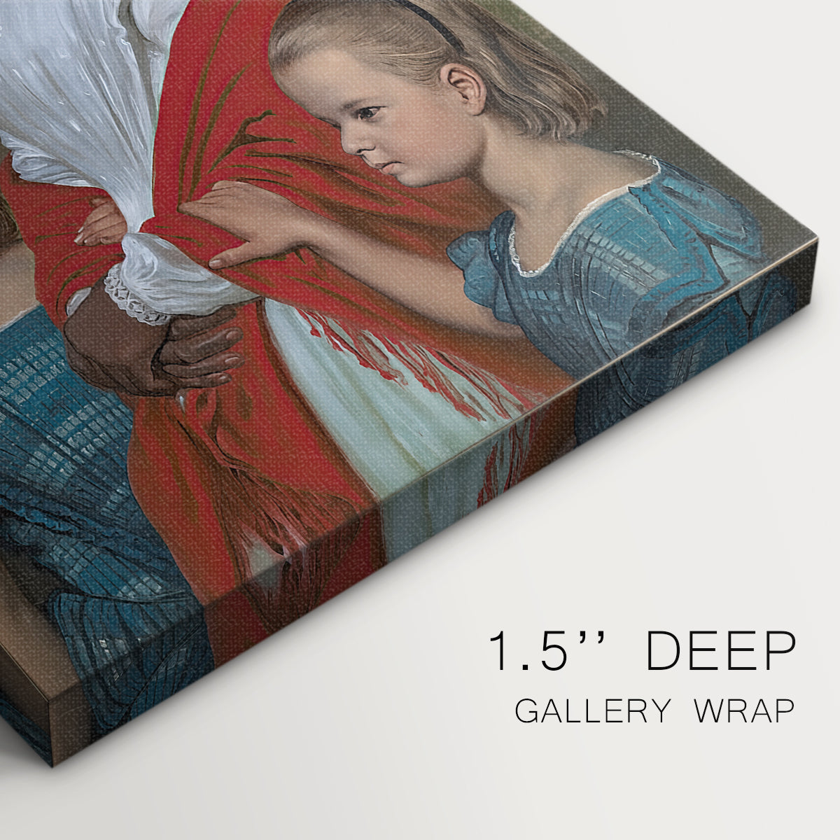 Close-up of a gallery-wrapped canvas corner showing a refined group portrait with natural setting, highlighting texture and print detail.