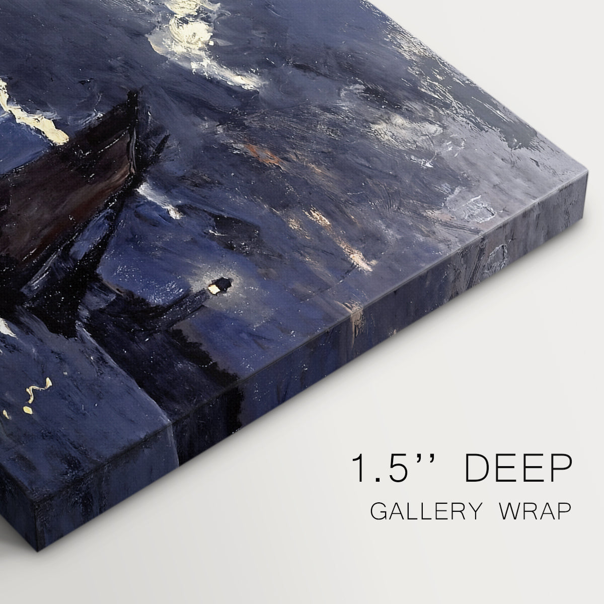 Canvas art print of ships on dark sea illuminated by moonlight under night sky, highlighting texture and gallery-wrapped edges