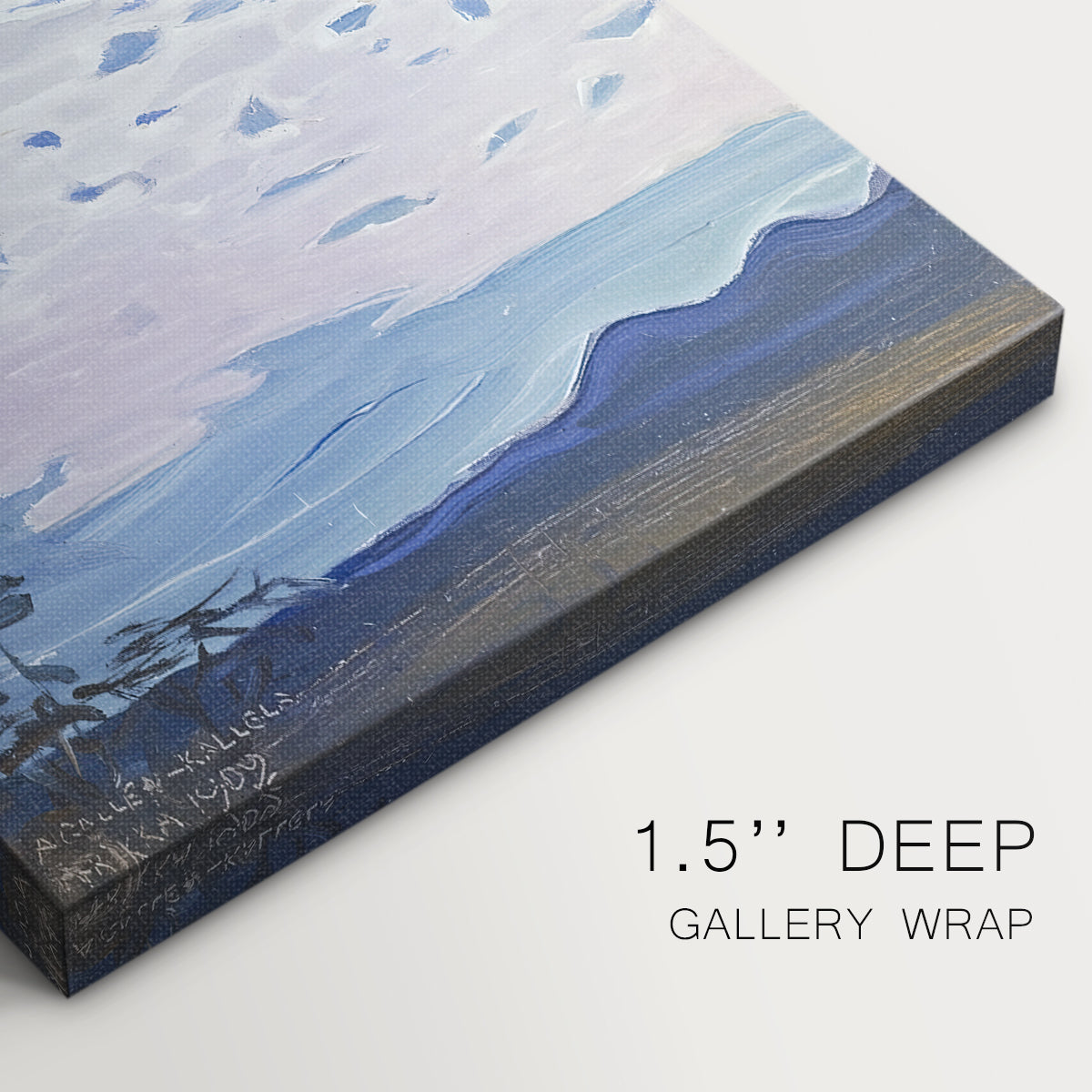 Close-up of a gallery-wrapped canvas corner showing a serene night scene with luminous stars over a quiet land, highlighting texture and print detail.