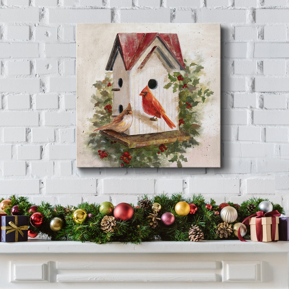 Holly Berry Birdhouse-Premium Gallery Wrapped Canvas - Ready to Hang