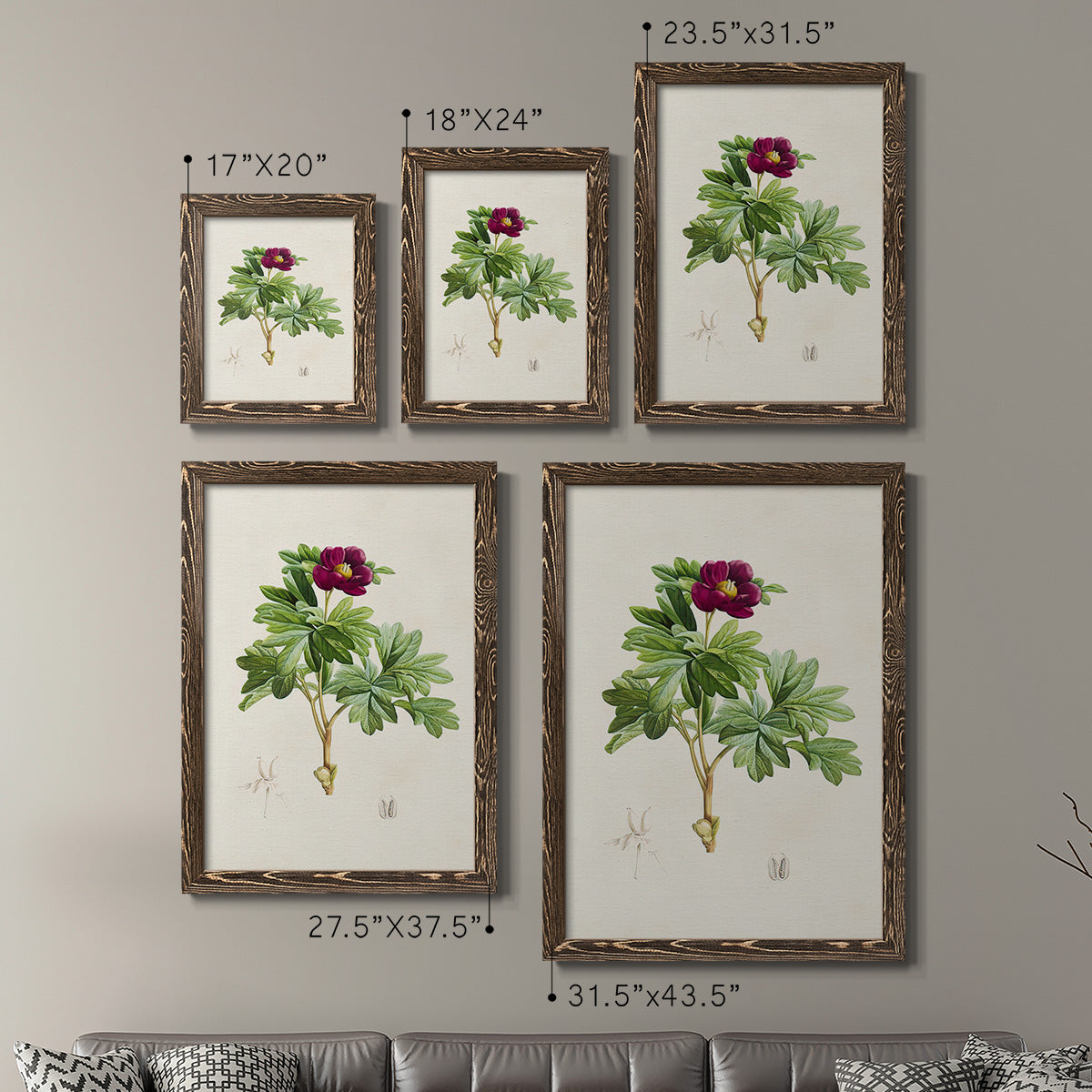 Size comparison chart for a set of two walnut barnwood framed canvas prints.