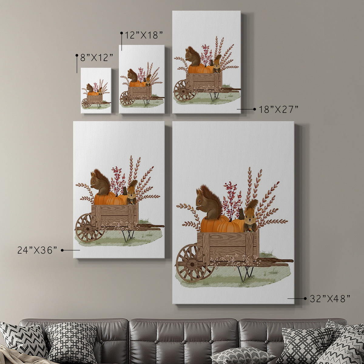 Squirrels In Pumpkin Wheelbarrow Premium Gallery Wrapped Canvas - Ready to Hang