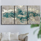 Three-panel canvas wall art featuring layered mineral abstract textures, displayed in a living room above a sofa.