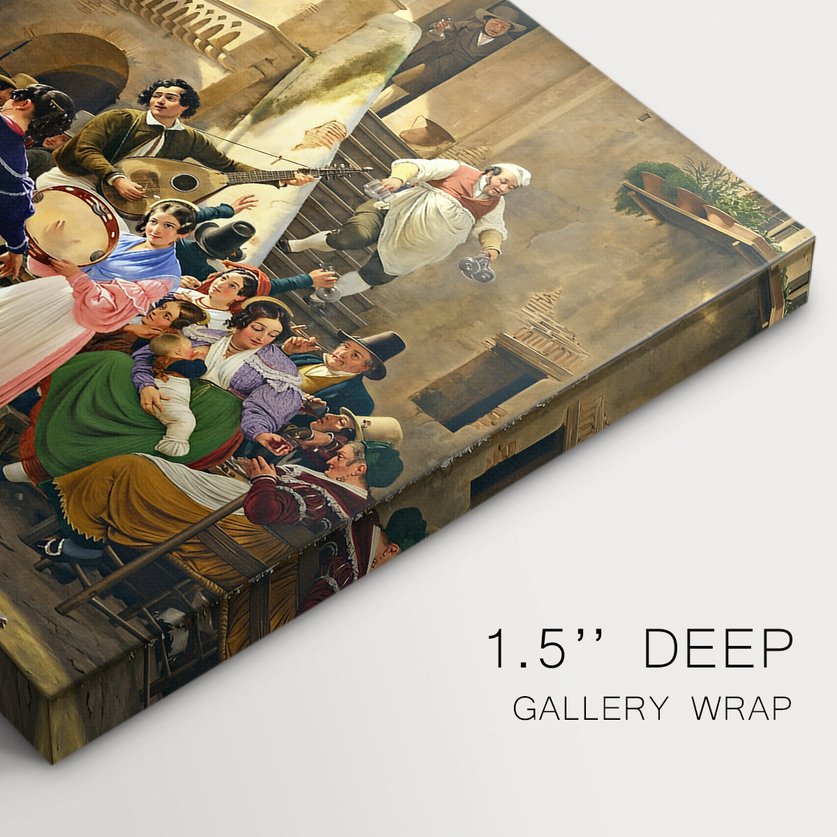 Canvas art print of a group of people eating and drinking together in lively tavern setting, highlighting texture and gallery-wrapped edges