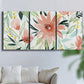 Three-panel canvas wall art featuring tropical botanical collage, displayed in a living room above a sofa.