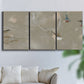 Three-panel canvas wall art featuring mid century terrazzo inspired abstraction, displayed in a living room above a sofa.