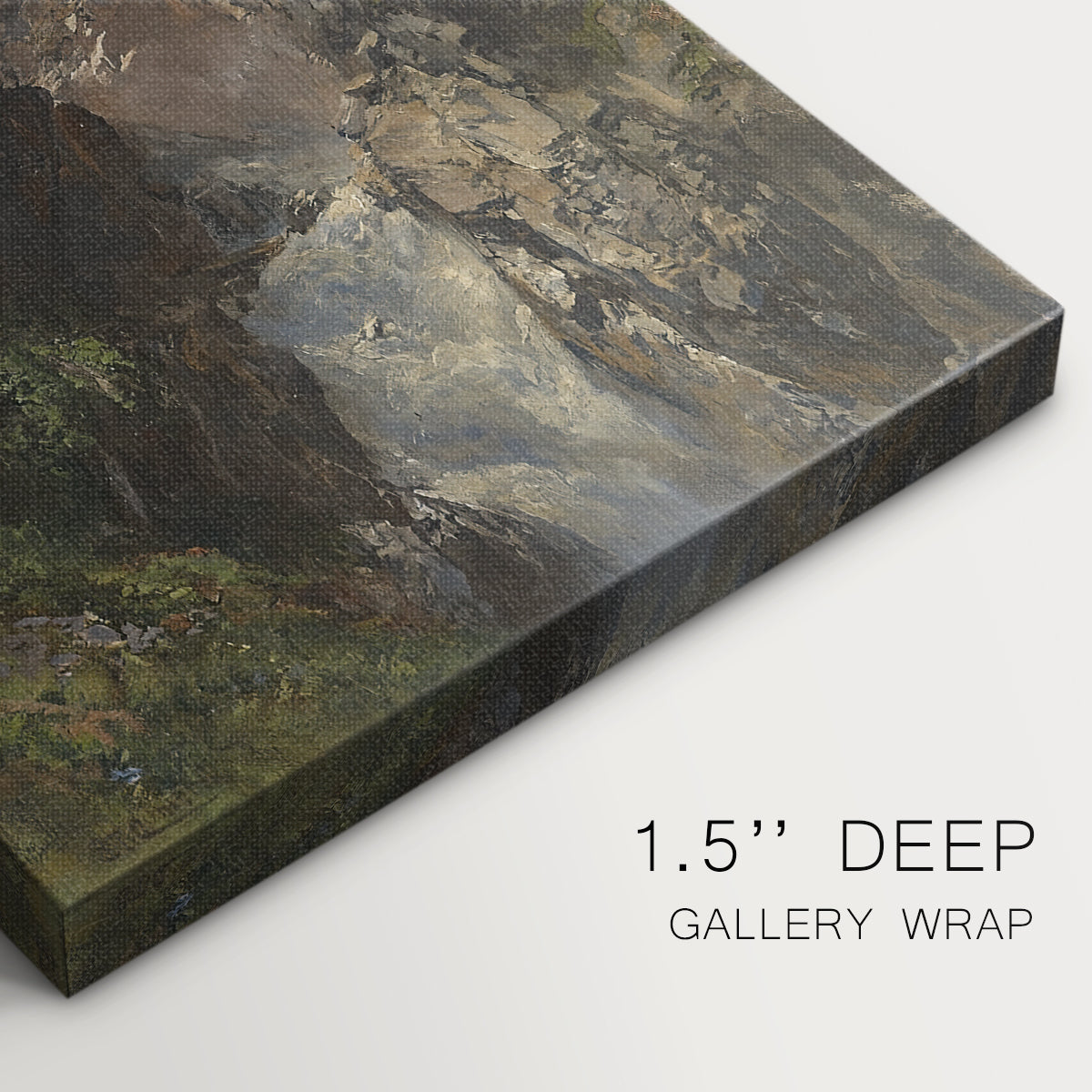 Close-up of a gallery-wrapped canvas corner showing a dynamic landscape with movement and textured terrain, highlighting texture and print detail.