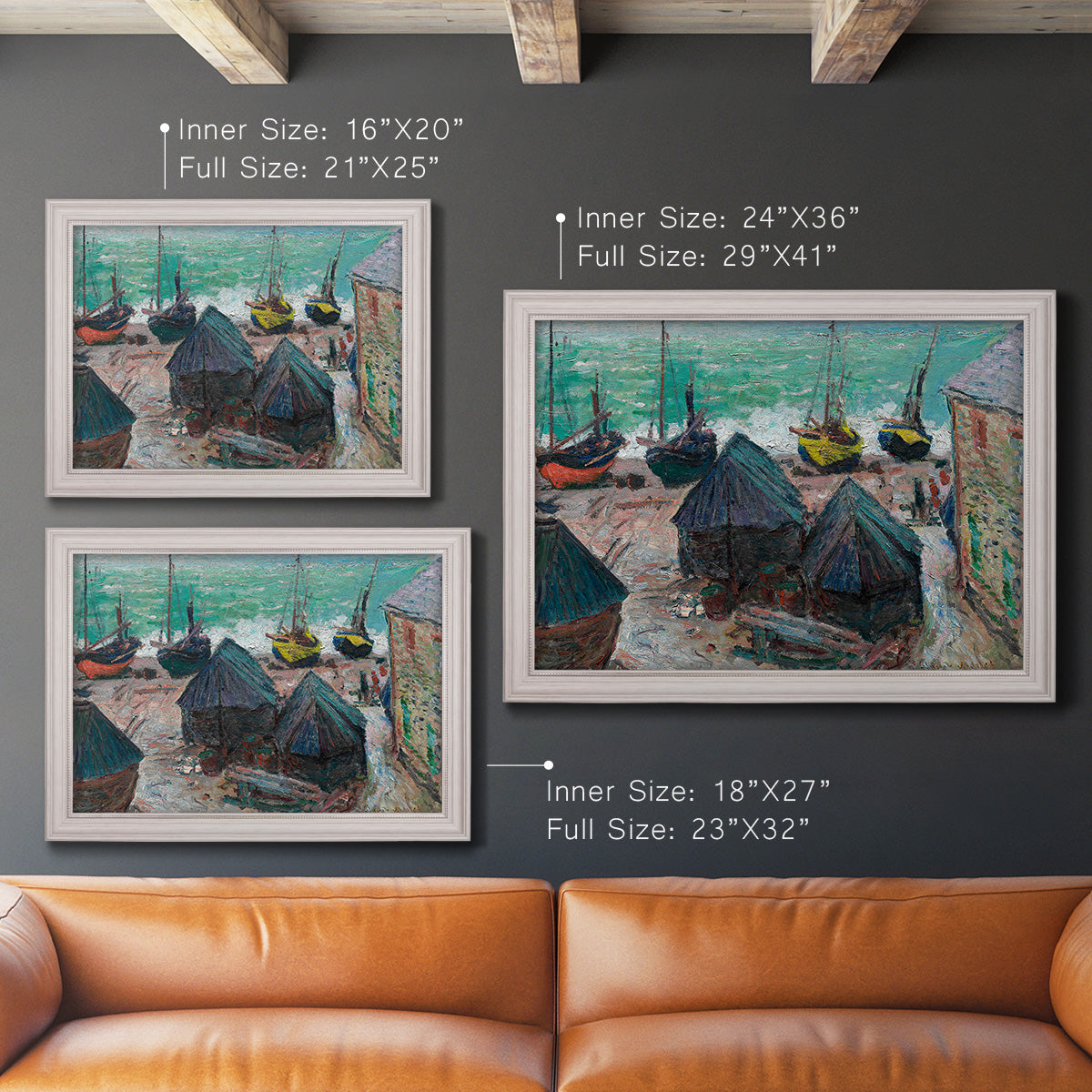 Impressionist coastal beach scene with boats by Claude Monet in an ornate weathered white frame shown in multiple size options.