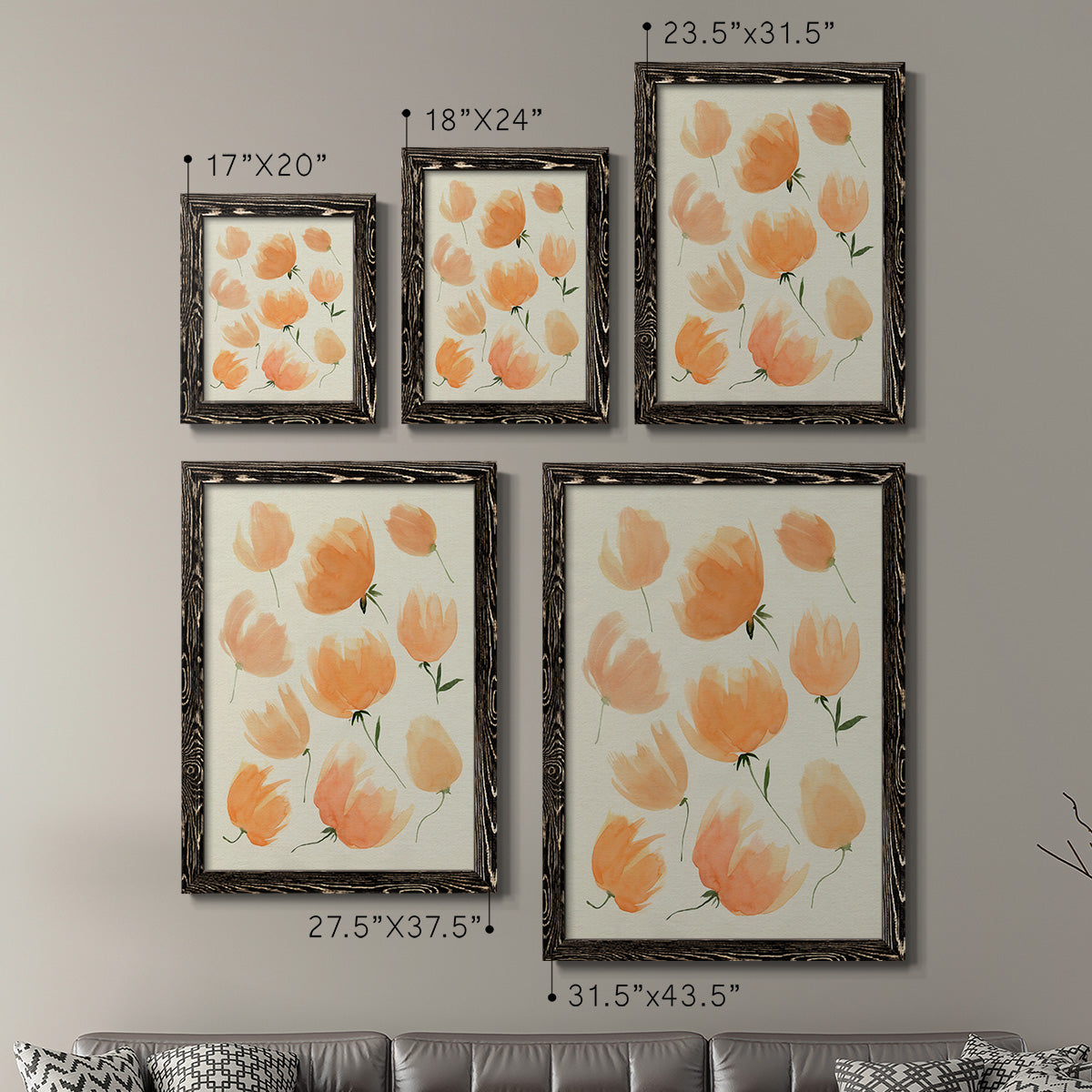Size comparison chart for a set of two black barnwood framed canvas prints.
