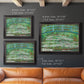 Impressionist garden scene with Japanese bridge and water lilies by Claude Monet in an ornate black frame with gilded inner detail shown in multiple size options.