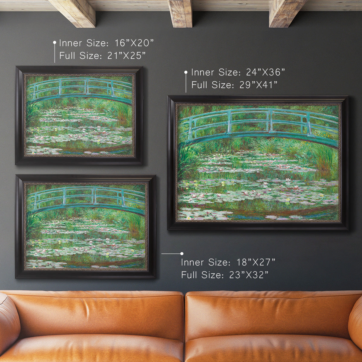 Impressionist garden scene with Japanese bridge and water lilies by Claude Monet in an ornate black frame with gilded inner detail shown in multiple size options.