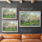 Impressionist spring orchard landscape by Vincent van Gogh in an ornate champagne frame shown in multiple size options.