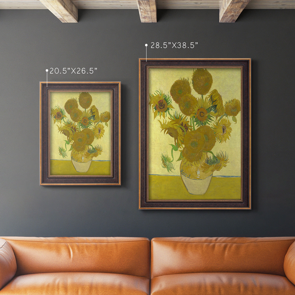 Impressionist sunflower still life painting by Vincent van Gogh in an ornate bronzed mahogany wood frame shown in multiple vertical size options.