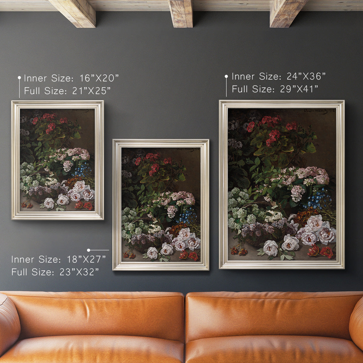 Early impressionist floral painting by Claude Monet in an ornate champagne frame shown in multiple vertical size options.