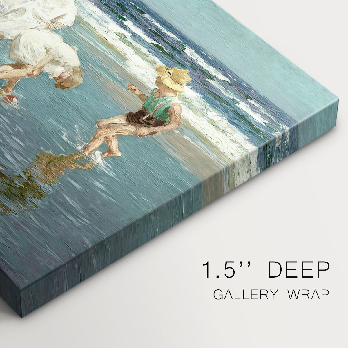 Canvas art print of people relaxing and wading in shallow ocean water along a sunny beach, highlighting texture and gallery-wrapped edges