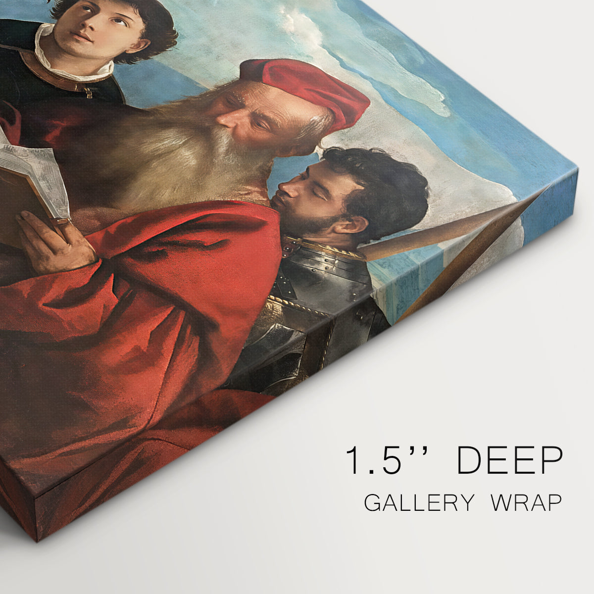 Canvas art print of a group of holy figures gathered around Madonna and child in colorful composition, highlighting texture and gallery-wrapped edges