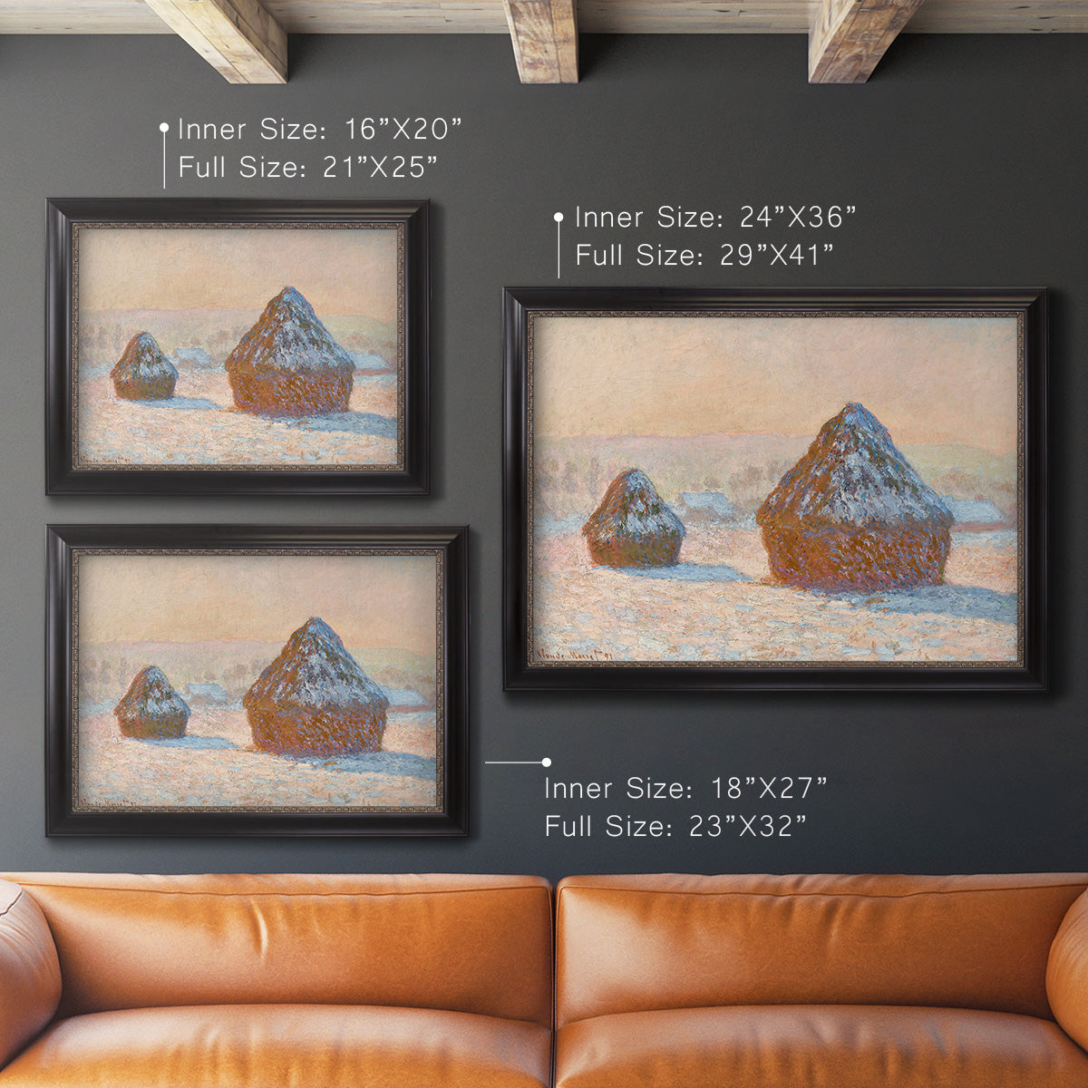 Impressionist winter haystack scene by Claude Monet in an ornate black frame with gilded inner detail shown in multiple size options.