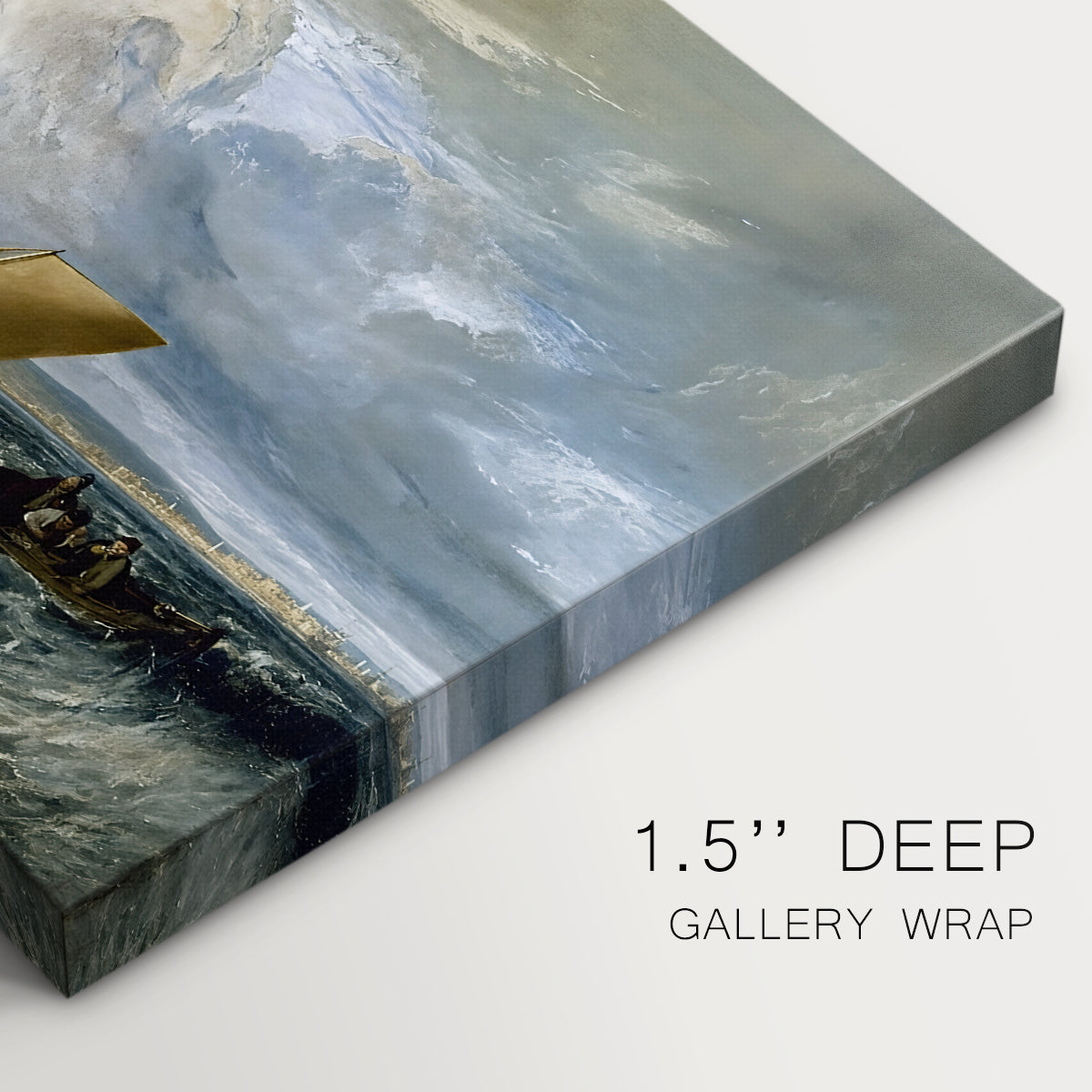 Canvas art print of a coastal scene with ships and distant shoreline, highlighting texture and gallery-wrapped edges