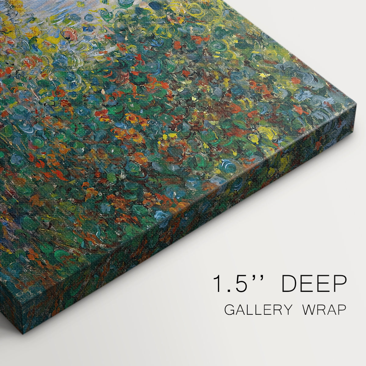 Close-up of a gallery-wrapped canvas corner showing a bright outdoor scene with flowers in full bloom, highlighting texture and print detail.