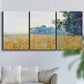 Three-panel canvas wall art featuring oat field with scattered poppies, displayed in a living room above a sofa.