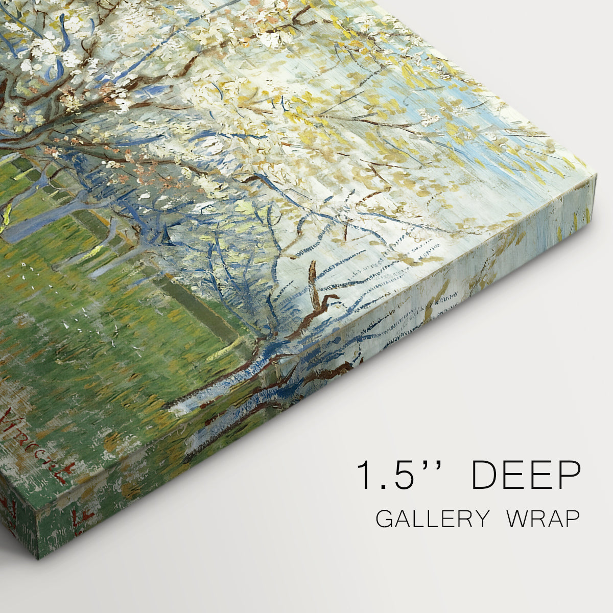 Canvas art print of an orchard in bloom with pink blossoms across soft landscape, highlighting texture and gallery-wrapped edges