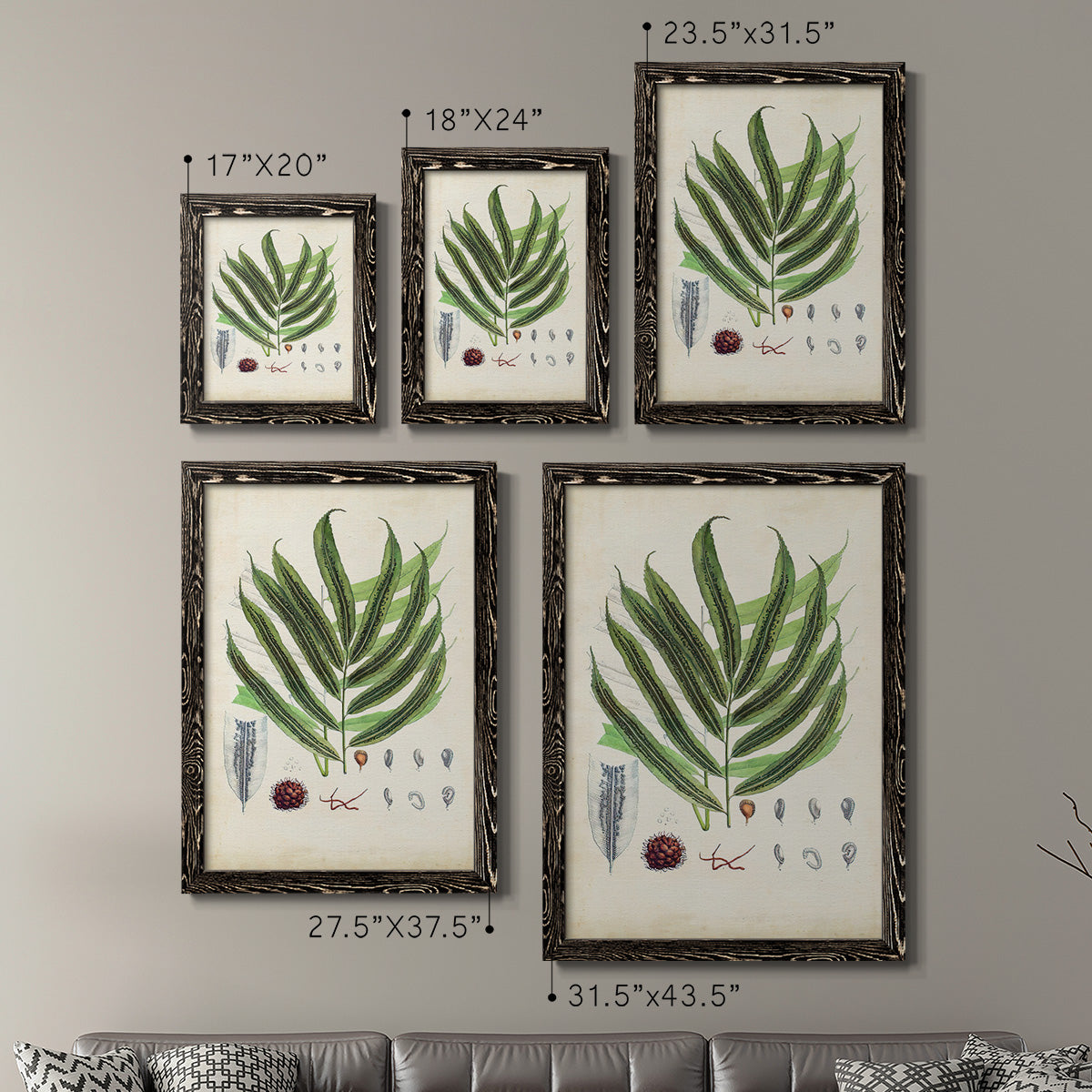 Size comparison chart for a set of two black barnwood framed canvas prints.