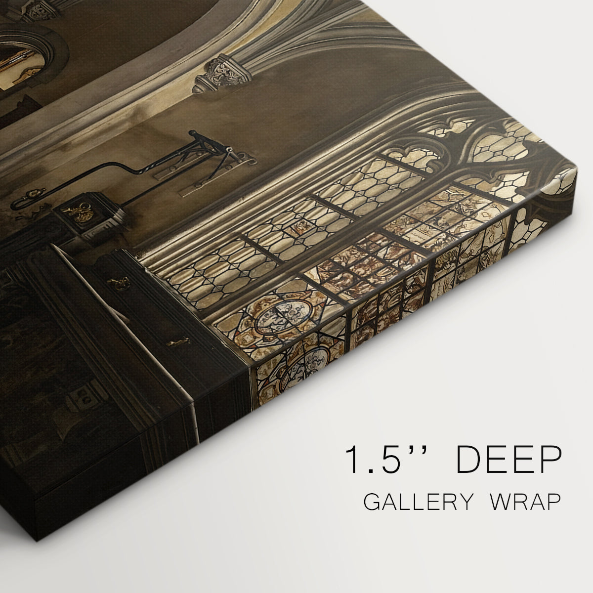 Canvas art print of a large church interior with arches, columns, and figures beneath vaulted ceiling, highlighting texture and gallery-wrapped edges