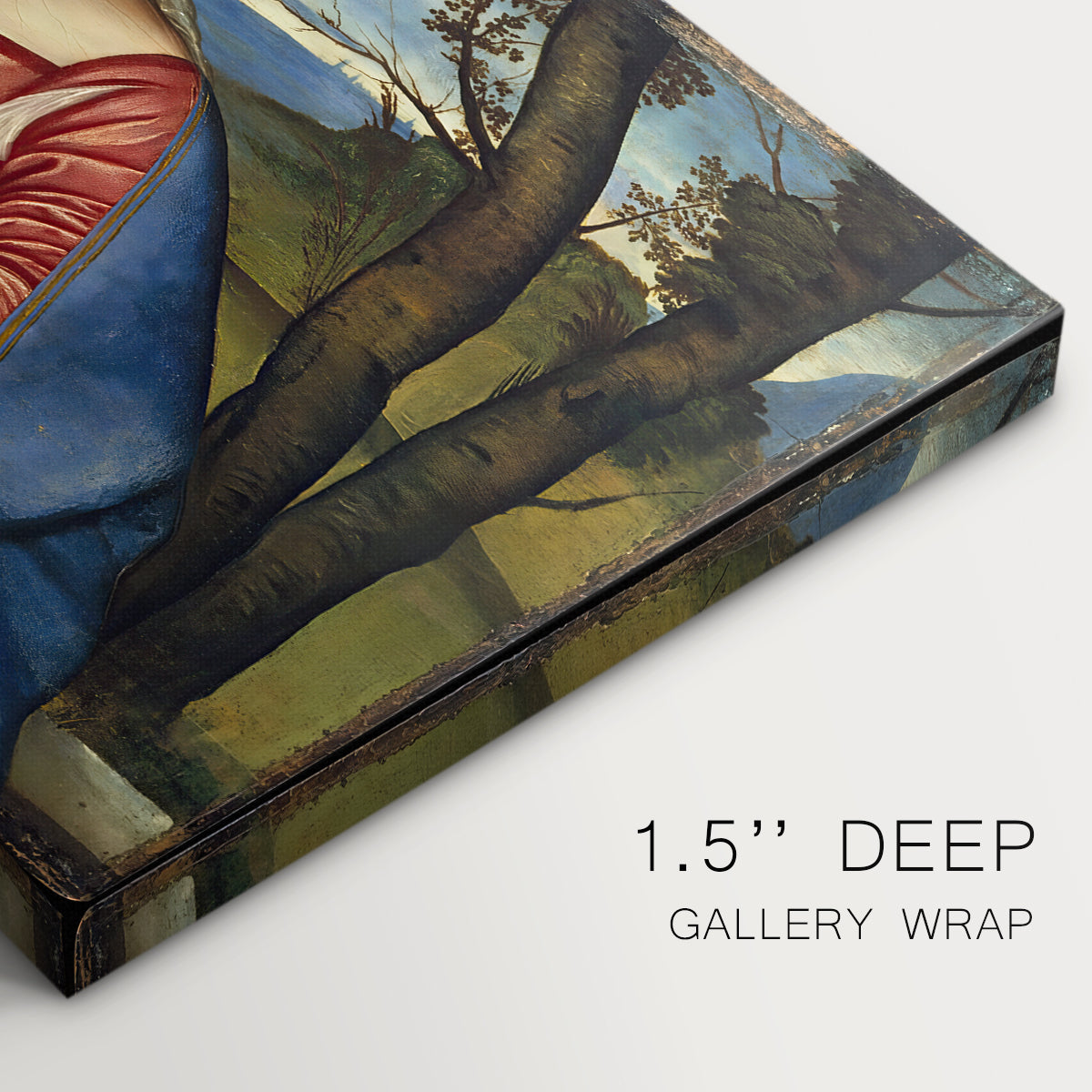 Canvas art print of a Madonna cradling child in close devotional scene with rich blue and red garments, highlighting texture and gallery-wrapped edges