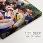 Canvas art print of a group of elegantly dressed people dining together on a sunlit balcony overlooking the river, highlighting texture and gallery-wrapped edges