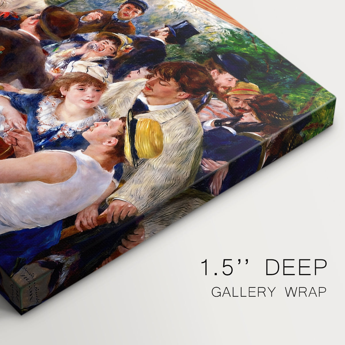 Canvas art print of a group of elegantly dressed people dining together on a sunlit balcony overlooking the river, highlighting texture and gallery-wrapped edges