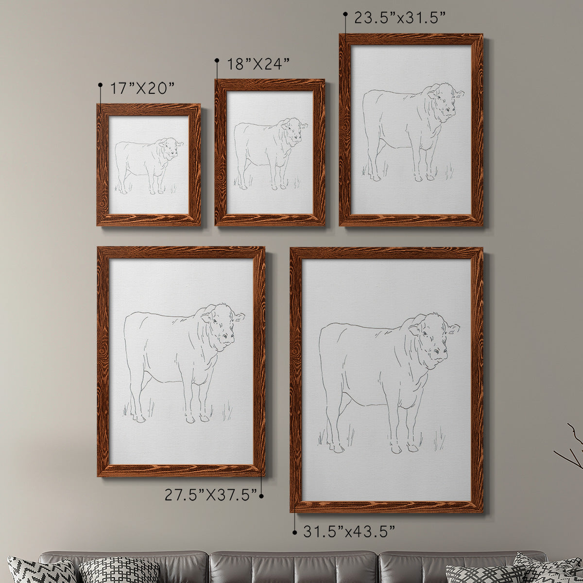 Size comparison chart for a set of two maple barnwood framed canvas prints.