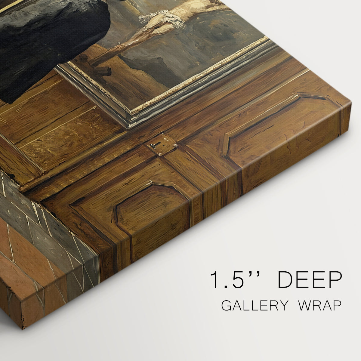 Canvas art print of a figure standing indoors closely examining framed artwork on wall, highlighting texture and gallery-wrapped edges