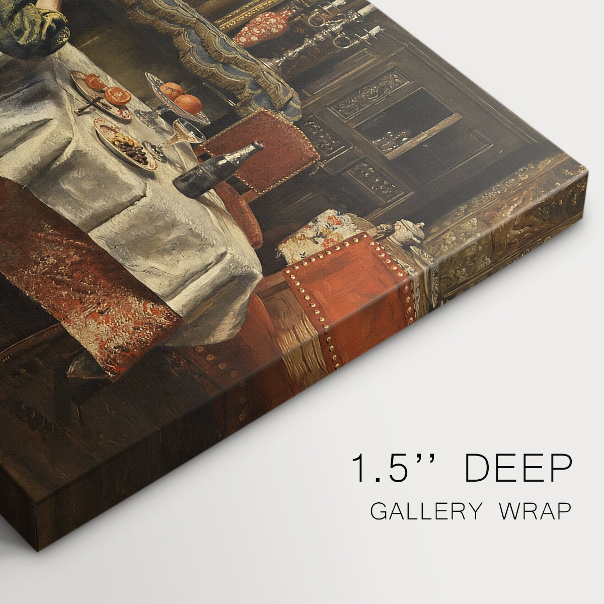 Canvas art print of a group of people seated around table sharing meal in interior, highlighting texture and gallery-wrapped edges