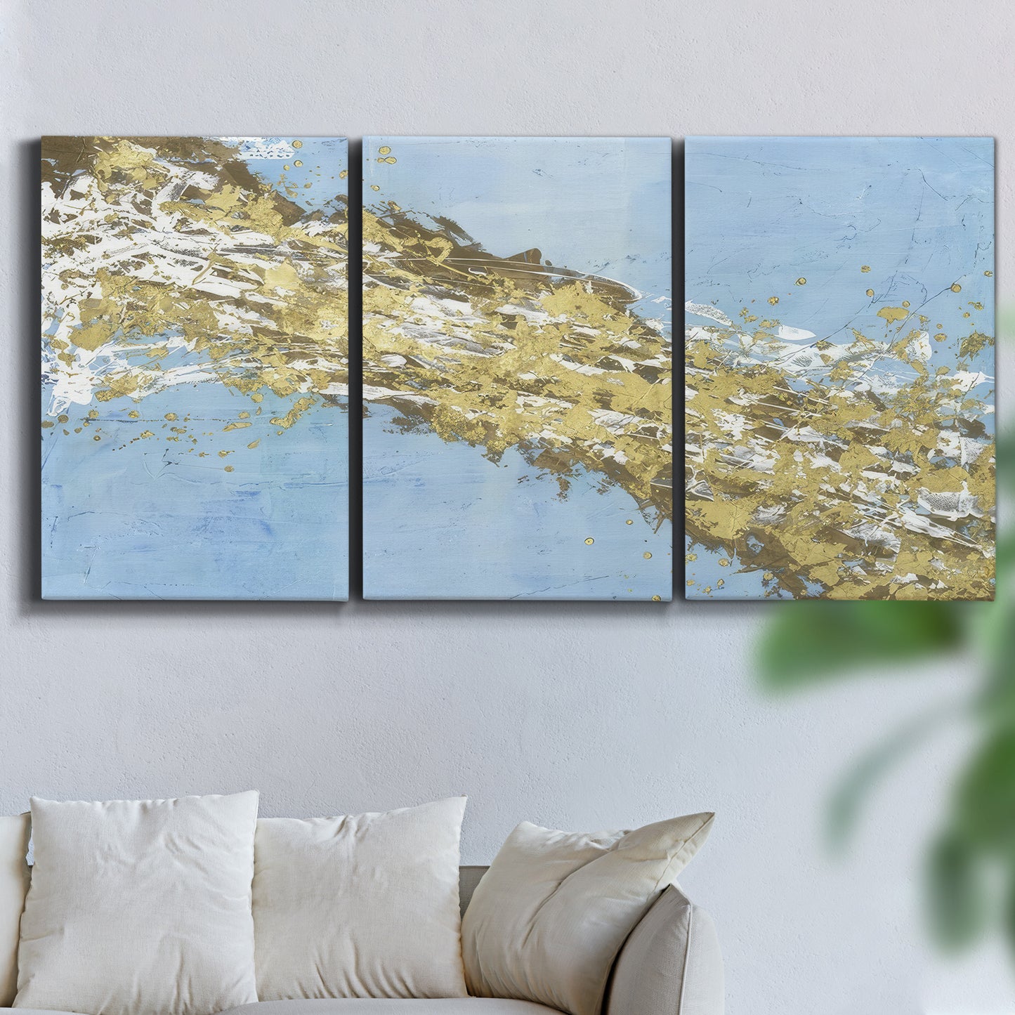 Three-panel canvas wall art featuring , displayed in a living room above a sofa.