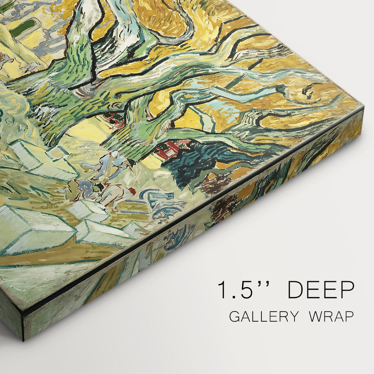 Canvas art print of a road lined with large trees where workers are gathered along path, highlighting texture and gallery-wrapped edges