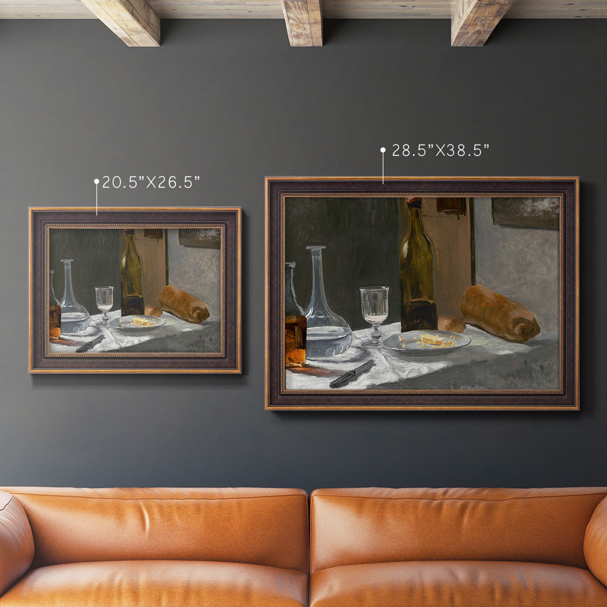 Impressionist still life with wine and bread by Claude Monet in an ornate bronzed mahogany wood frame shown in multiple size options.