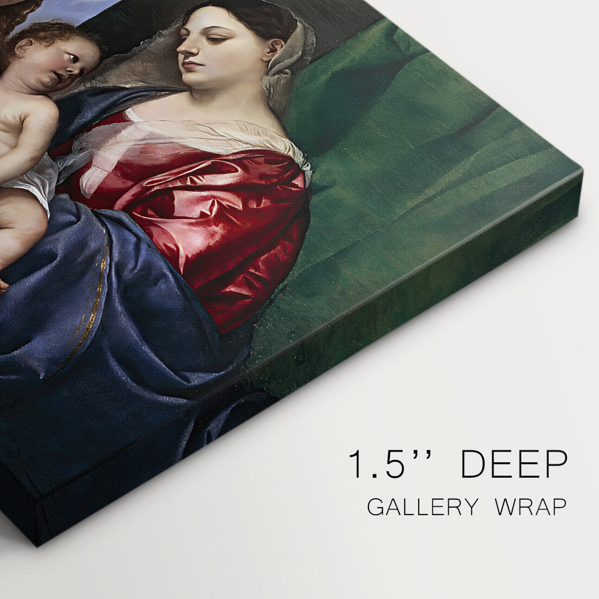 Canvas art print of a Madonna and child seated with two saints standing in dark interior setting, highlighting texture and gallery-wrapped edges