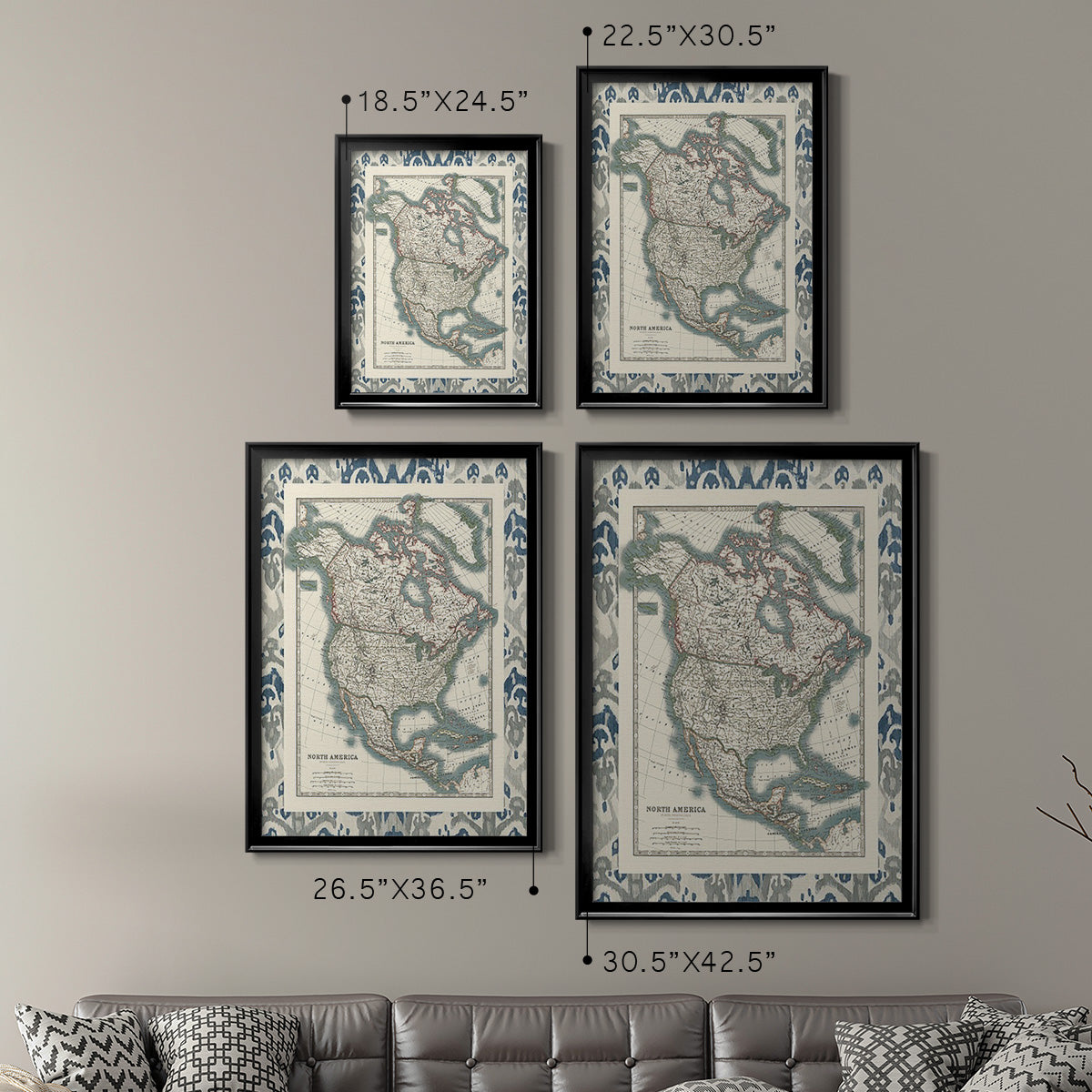 Bordered Map of North America - Modern Framed Canvas Print
