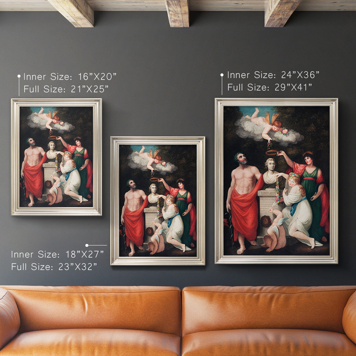 Classical allegorical painting honoring Linnaeus by Robert John Thornton in an ornate champagne frame shown in multiple vertical size options.