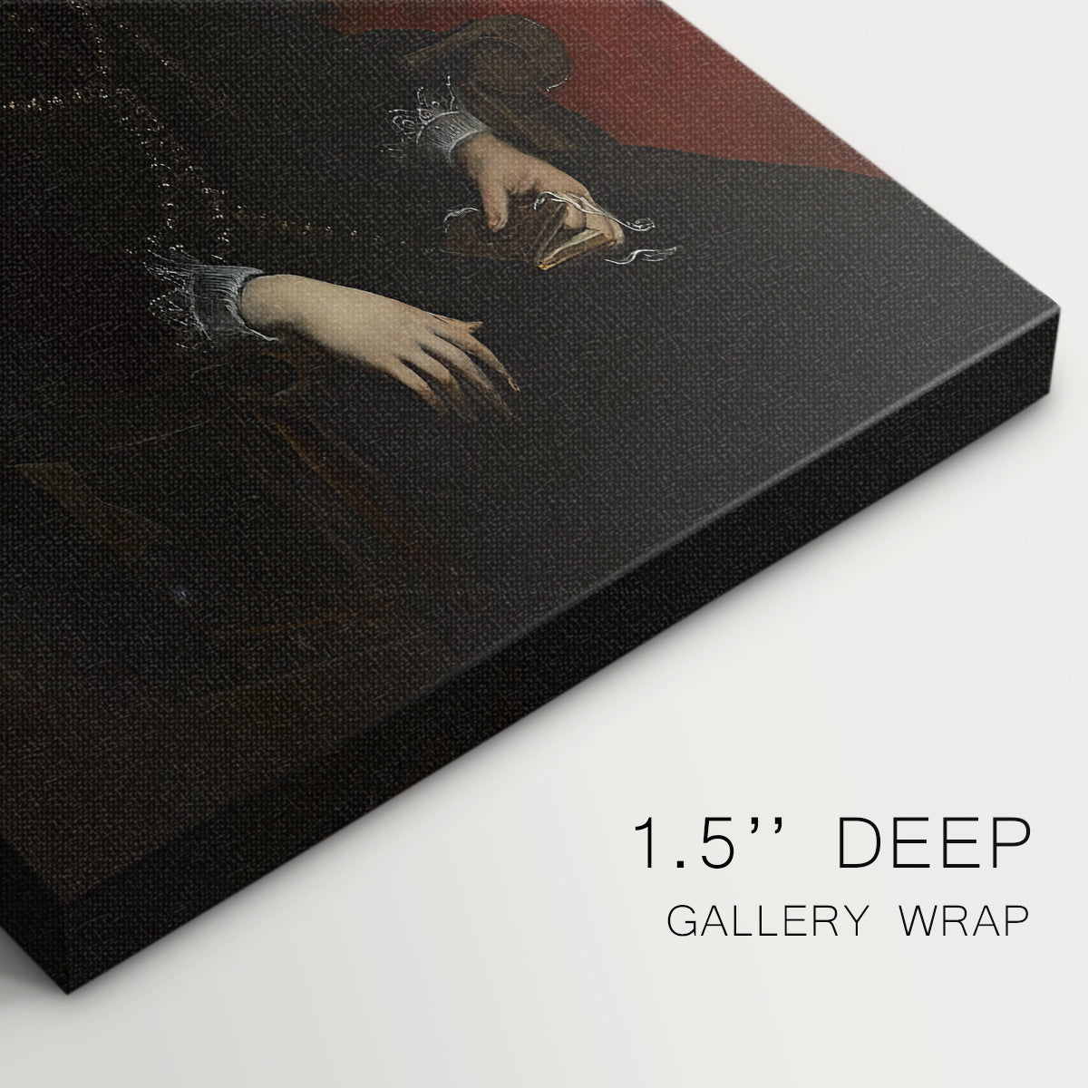 Close-up of a gallery-wrapped canvas corner showing a dignified female figure in ornate attire with dark background, highlighting texture and print detail.