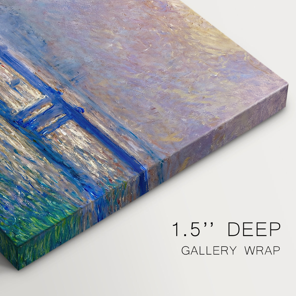 Canvas art print of an impressionist view of bridge stretching across river with soft light and haze, highlighting texture and gallery-wrapped edges