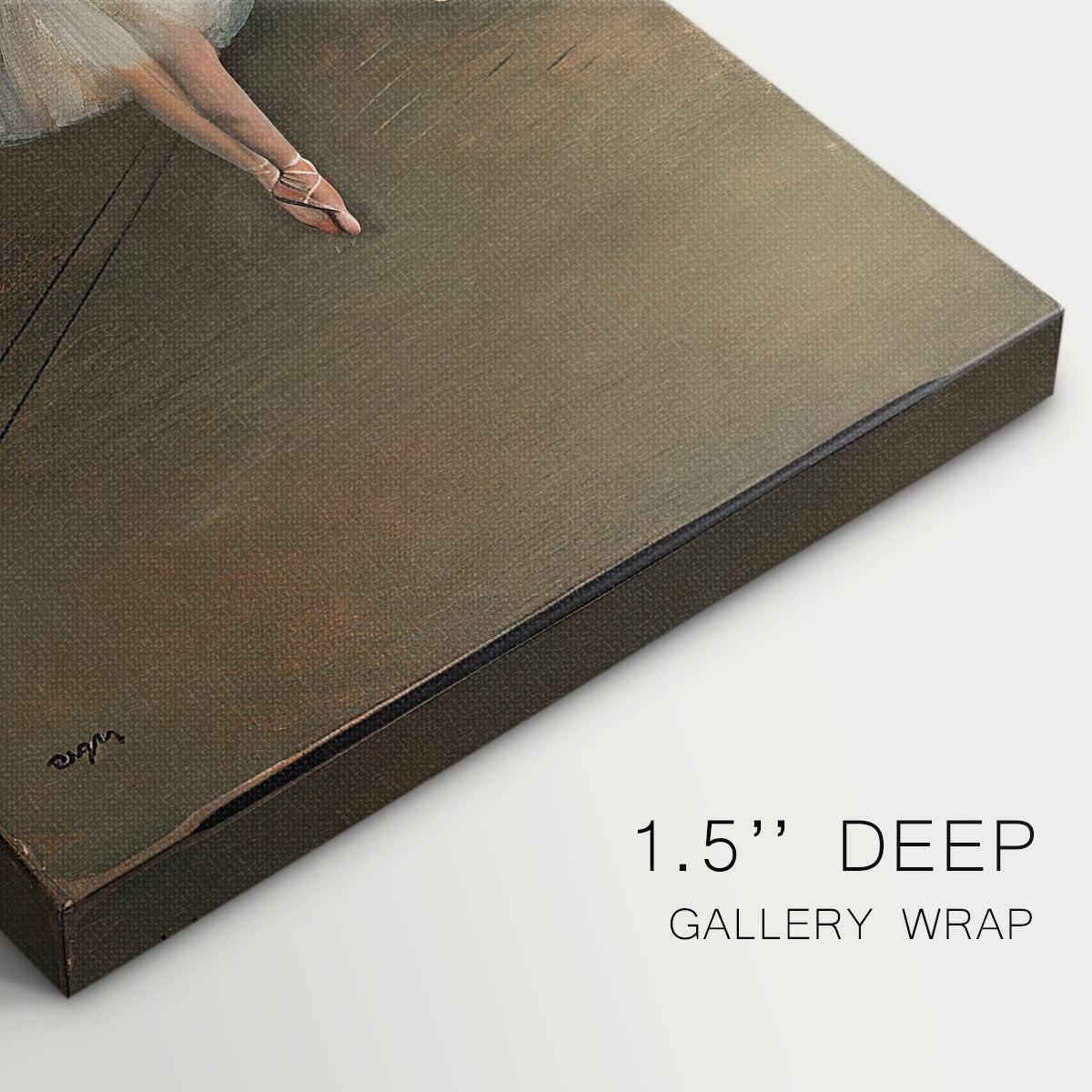 Close-up of a gallery-wrapped canvas corner showing a stage composition with figures in graceful motion, highlighting texture and print detail.