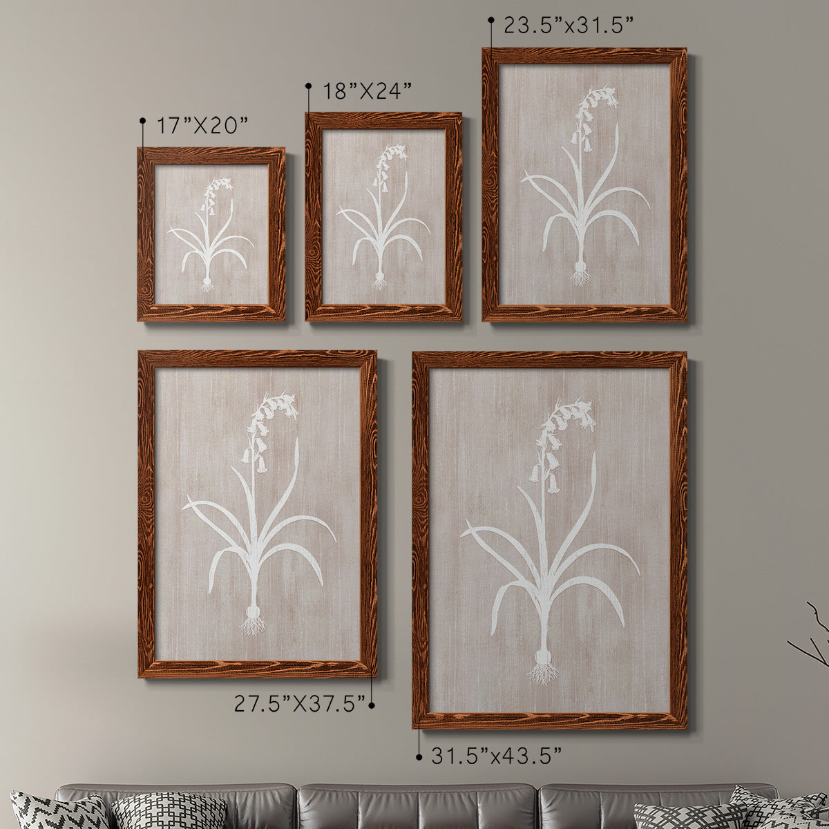 Size comparison chart for a set of two maple barnwood framed canvas prints.