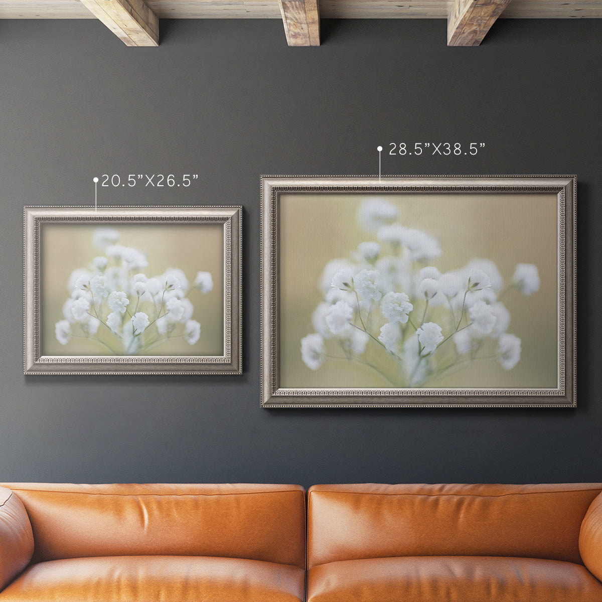 Botanical baby’s breath flower photography in an ornate vintage silver frame shown in multiple size options.