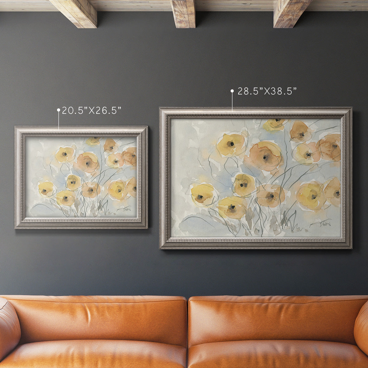 Minimalist poppy flower watercolor artwork in an ornate vintage silver frame shown in multiple size options.