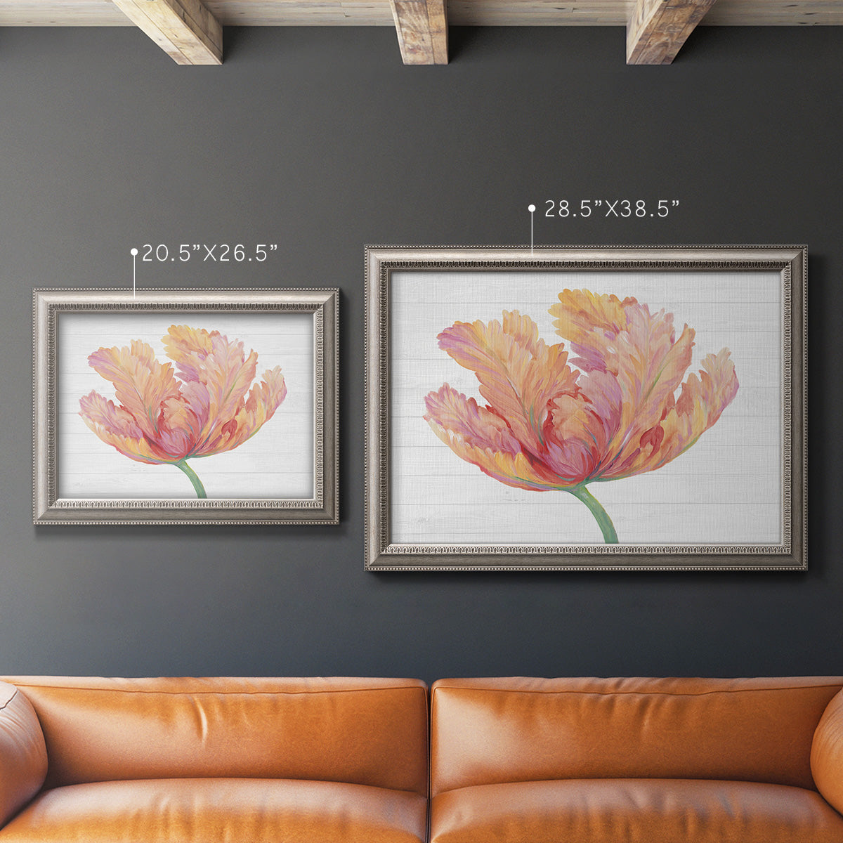 Modern minimalist pink floral artwork in an ornate vintage silver frame shown in multiple size options.