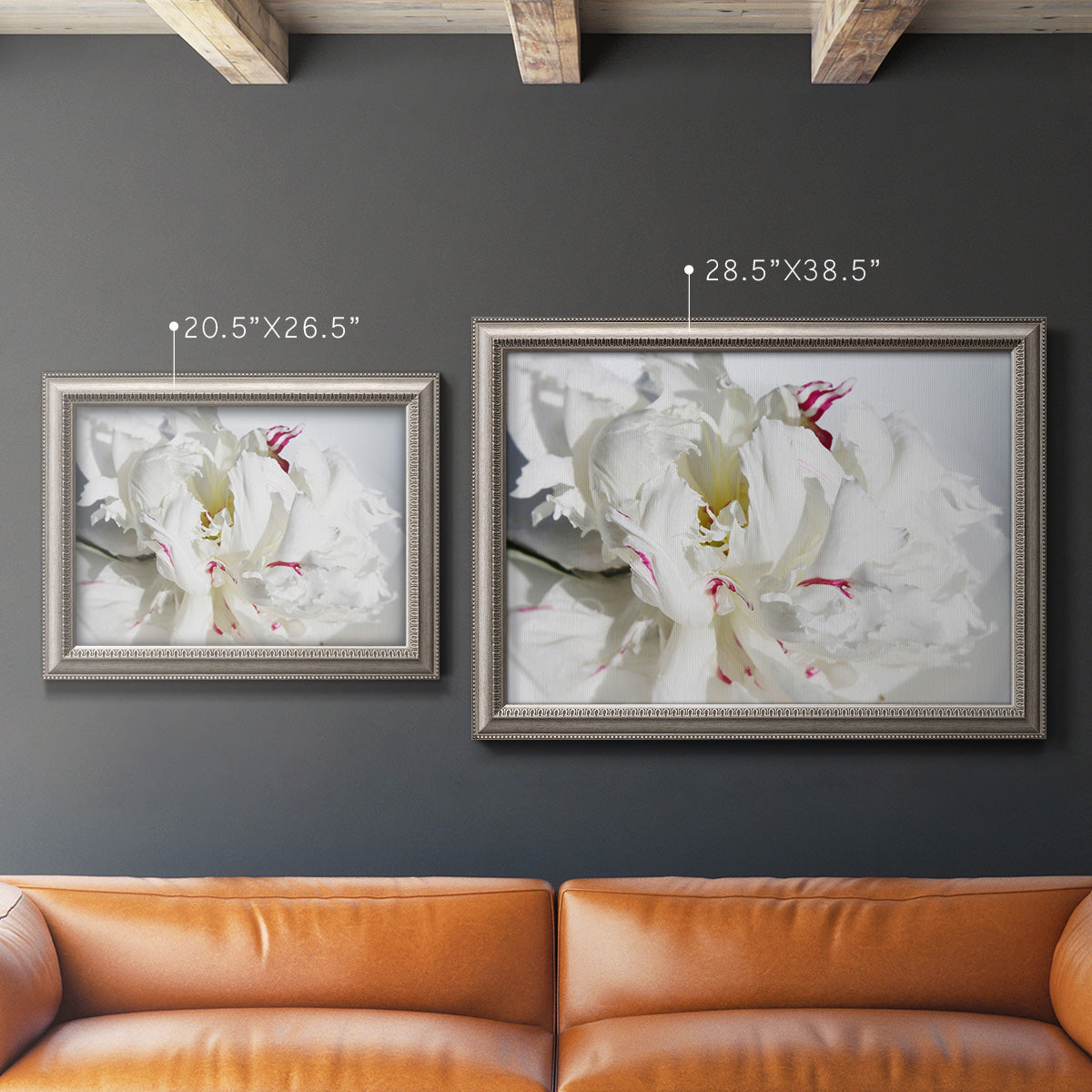 White peony close-up photography in an ornate vintage silver frame shown in multiple size options.